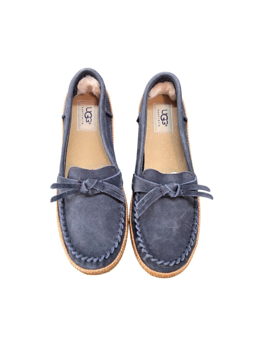 UGG Australia Women's Suede Moccasin Slippers Navy Blue Shearling Lined Size 6.5